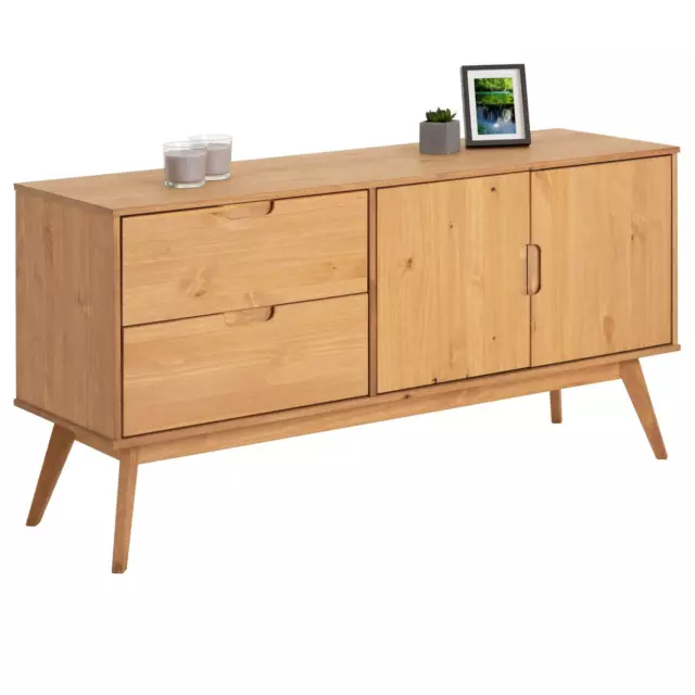 Buffet commode style scandinave 2 tiroirs 2 portes en pin massif bois teinté