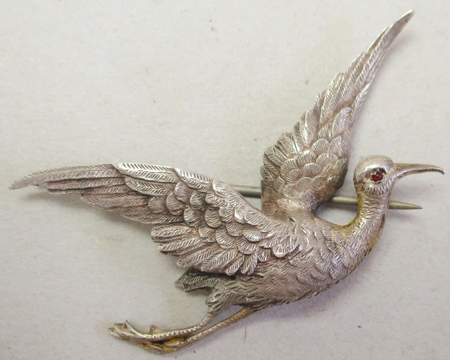 Broche Ancienne Oiseau En Argent Massif - Poinçon Tête De Sanglier, Bijou Vintage