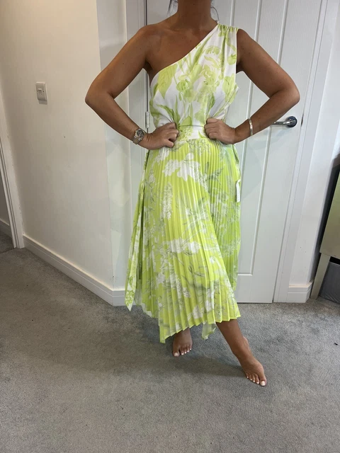 LIPSY SIZE 14 Dress One Shoulder Lime White Pleat Midi Brand New With Tags 50.00 PicClick UK