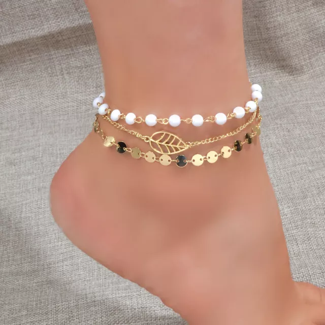 Silver Leaf Chain Anklet Disc Ankle Foot Jewellery Lovely Beads Sandal Bracelet