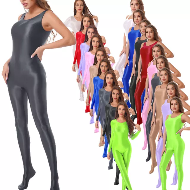 Womans Glossy Full Bodysuit Catsuit Yoga Dance Jumpsuit Round Neck Body Stocking