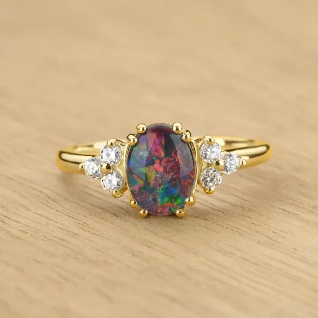 Naturschwarz Opal Und Diamanten Edelstein-Ring 14K Gold Ring Verlobungsring Y365