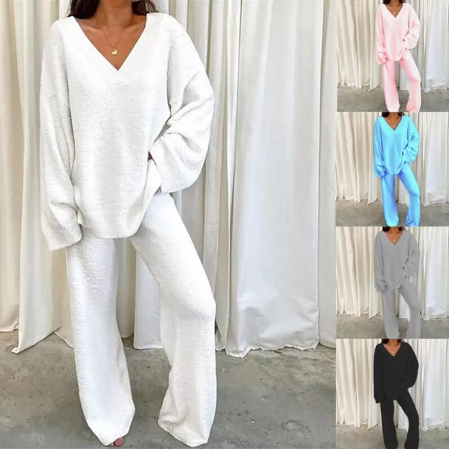 Womens Teddy Fleece Fluffy Pyjamas Baggy Tops Pants Nightwear Tracksuit Lounge 2