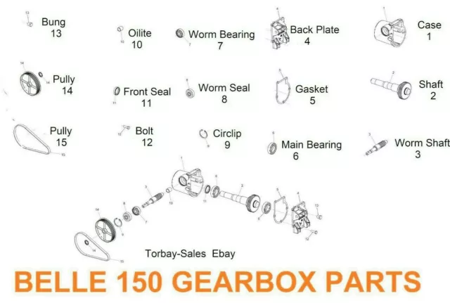 Belle 150 Complete Gearbox  Bearing Seal Gasket Shaft Back plate parts New Spare