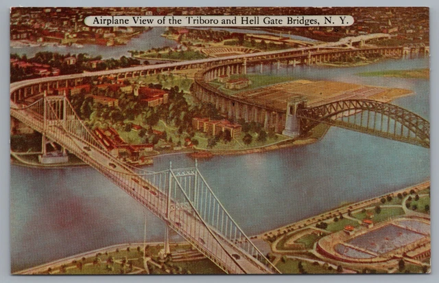 Airplane View Of The Tribolo & Hell Gate Bridges New York Postcard