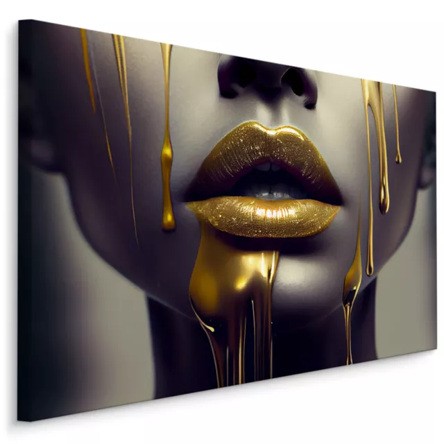 CANVAS Leinwandbild Goldene MUND Lippen Frau Gesicht ABSTRAKTION 3D Design XXL