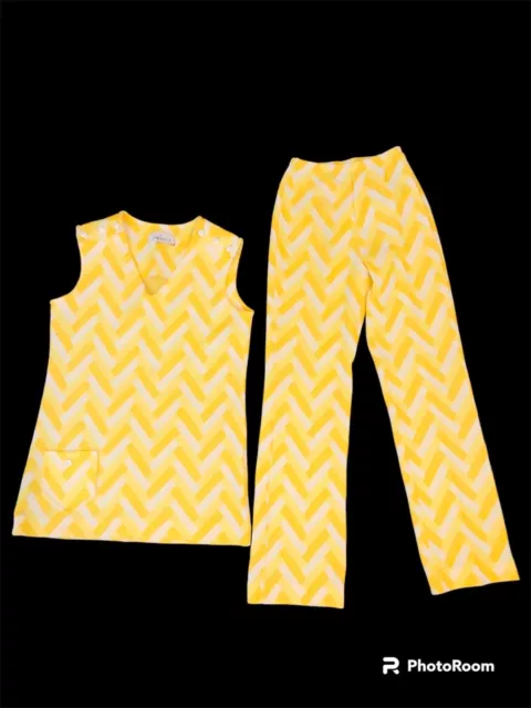 Vintage 1960s Yellow Zig Zag Outfit Set Tunic Top And Pants  Groovy Small Xsmall