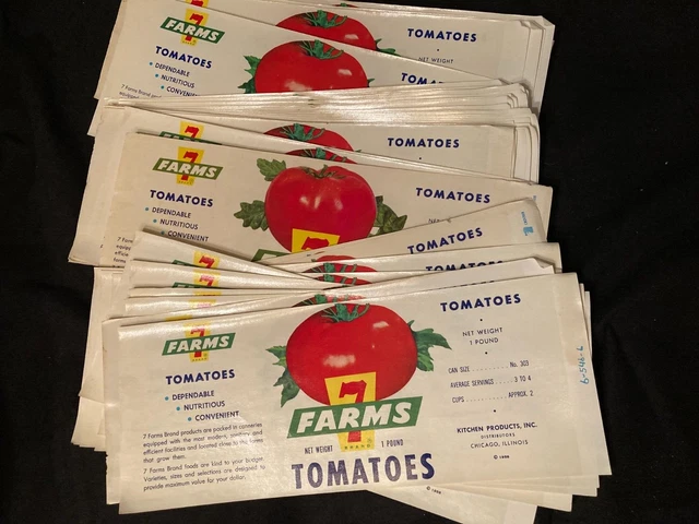 1958 Can Labels Advertising 7 Farms Tomatoes, Illinois. 50+ pcs.