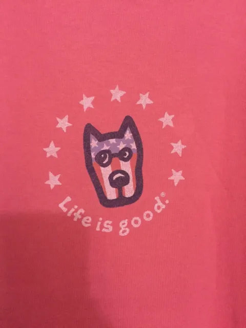 LIFE IS GOOD T-Shirts Women's Cotton Sz L Short Sleeve Dark Pink "Patriotic Dog"