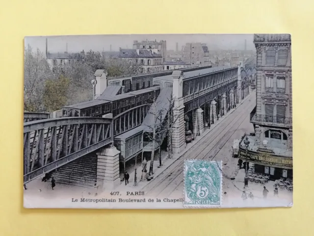 cpa PARIS in 1900 Le METRO AERIEN Bd de la CHAPELLE Rame Train CAFÉ des NATIONS