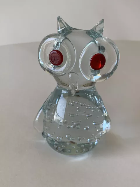 Owl Figurine Paperweight Statue Controlled Bubble Art Glass Big Red Eyes