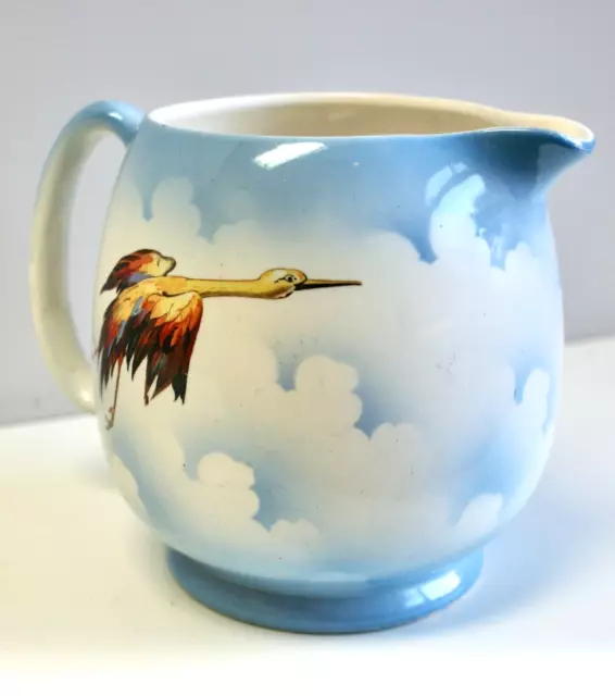 Antique Lancaster & Sons Pottery Large Jug, Colourful Birds In Cloudy Sky, 1920 3