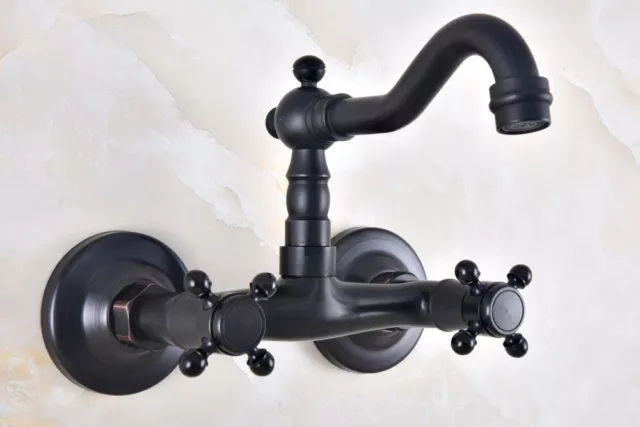 Oil Rubbed Bronze Bathroom Basin Sink Faucet Dual Handles Mixer Tap Wall Mount