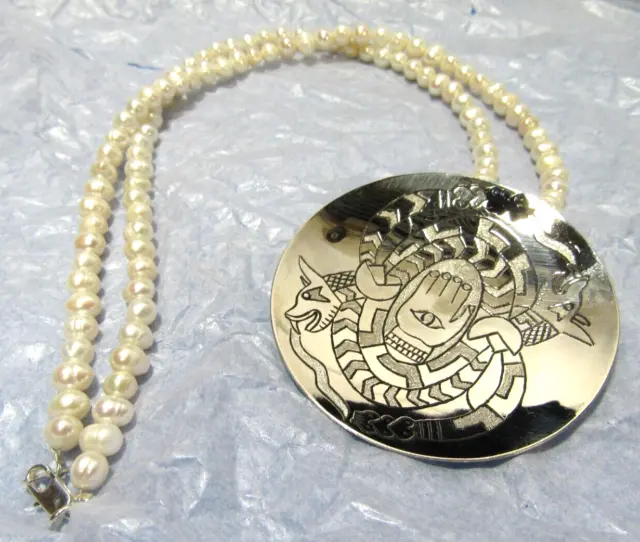 Alabama Creek Horned Serpent Tie Snake Handmade Medallion 14.5" Pearl Necklace