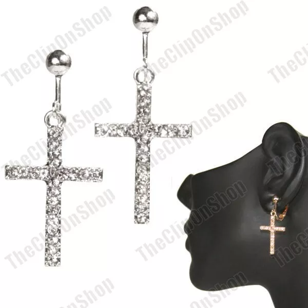 CLIP ON gold/silver tone CRYSTAL CROSS EARRINGS glass citrine rhinestone CROSSES