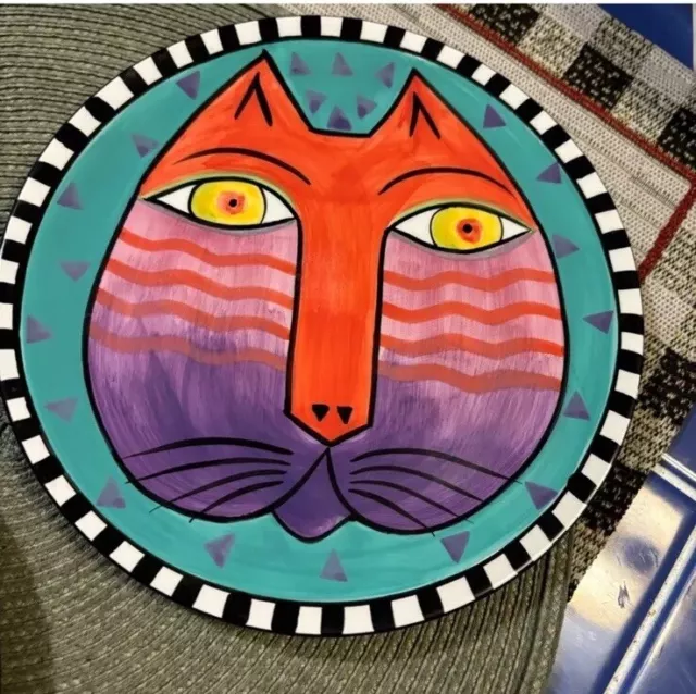 Vintage 1998 Laurel Burch Ceramic 8" Red Purple Cat Plate by Design Studio