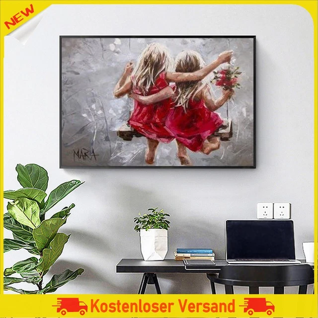 Two Sisters in Red Skirts Oil Paint By Numbers Kit DIY Painting Frameless Craft