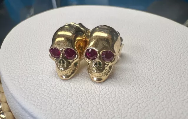 King Baby Studio 18 Karat Yellow gold And Ruby SKULL Earrings Rare