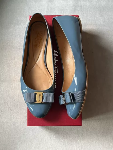 Salvatore Ferragamo New Blue Varina Patent Leather Bow Flats Shoes 10 B 2