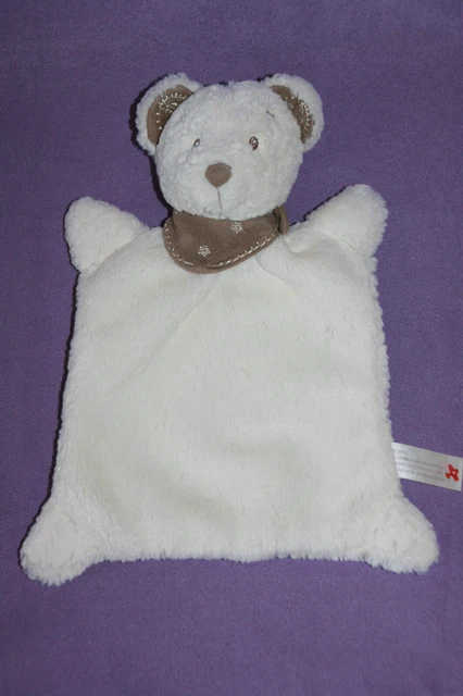 Nicotoy Simba Doudou Ours Rectangle Plat Blanc Ecru Bandana Marron Taupe Kom9