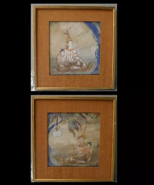 Rare pair of 18th century Thai Master gouache paintings. Real gold  Must see.