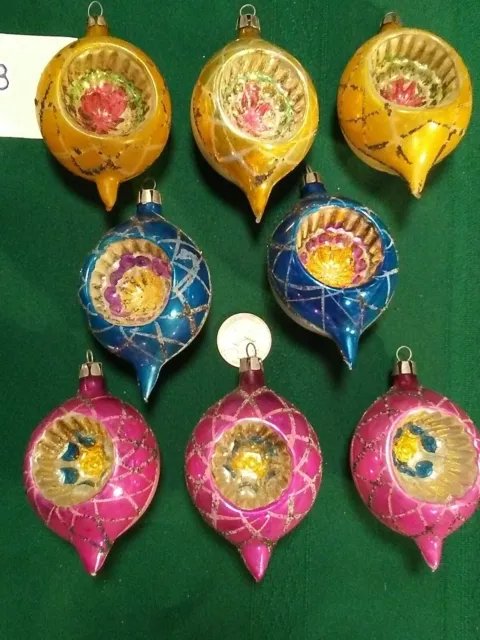 Vintage Poland Indents Christmas Blown Glass Ornaments Mica Glitter Set of 8