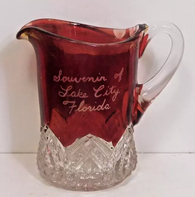 Vintage Ruby Red Flash Glass Souvenir CREAMER of  LAKE CITY,FLORIDA