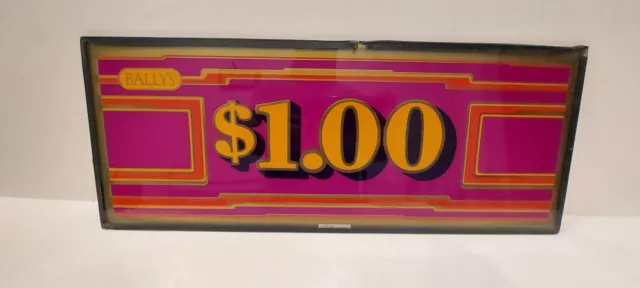 BALLY'S $1.00 Slot Machine Front Glass Panel Insert 20" x 8" vintage 1986 BALLY'S $1.00 Slot Machine Front Glass Panel Insert 20" x 8" vintage 1986