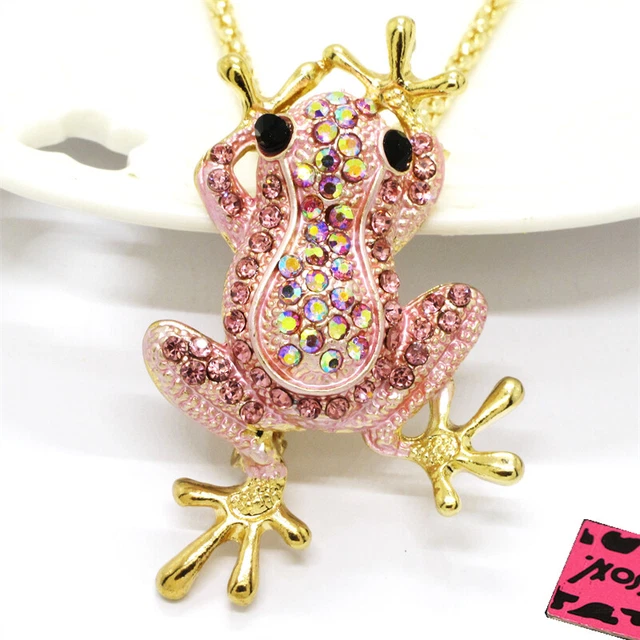 Fashion Women AB Pink Rhinestone Cute Frog Crystal Pendant Chain Necklace