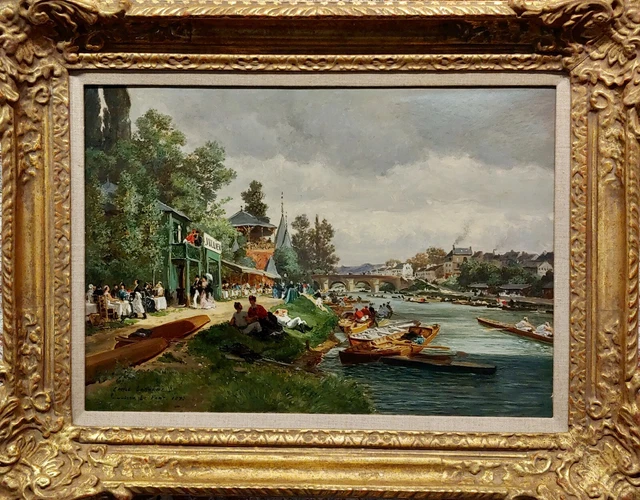 Émile Laborne -Sunday by the River in Joinville Le Pont in Paris-Oil Painting