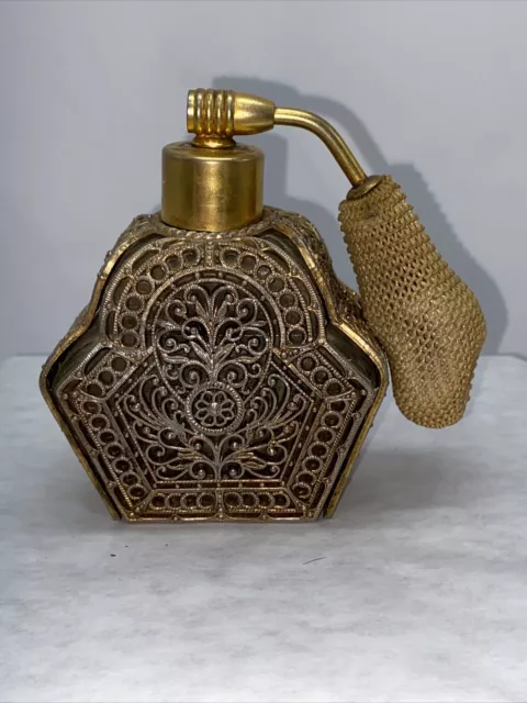 Vintage Gold Filigree Perfume Bottle MESCO ART 24KT Gold Plated