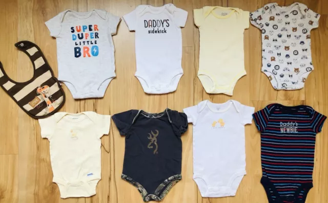 •Infant~Baby Boy’s NB-3 Month~Short Sleeve Bodysuits & Bib~LOT OF 9~EUC! Hunting