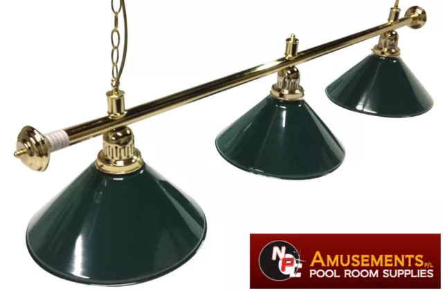 QUALITY Pool Snooker Billiard Table Light Brass with 3 x Green Shades 1.5m