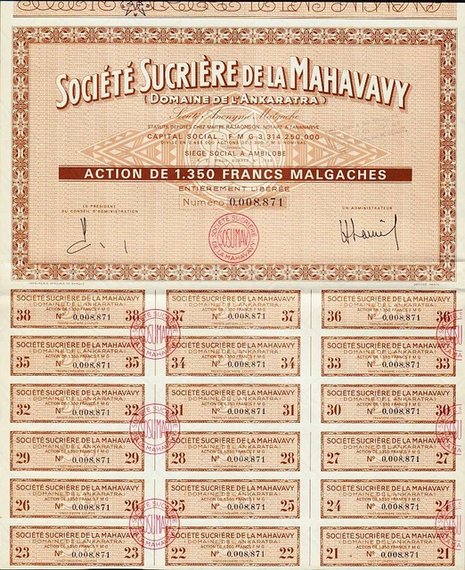 AFRICA  MADAGASCAR  SUGAR : Soc. Sucriere de la Mahavavy Ankaratra  w coupons