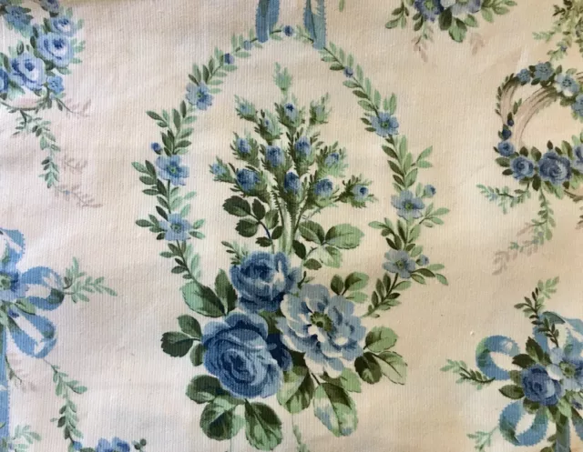 Antique French Floral Roses Ribbons Garland Cotton Fabric ~Blue Green Yellow