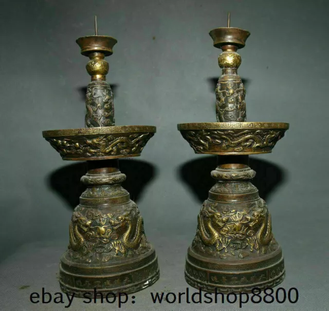 12.8" Old Chinese Red Copper Gilt Dynasty Dragon Candle Holder Candlestick Pair