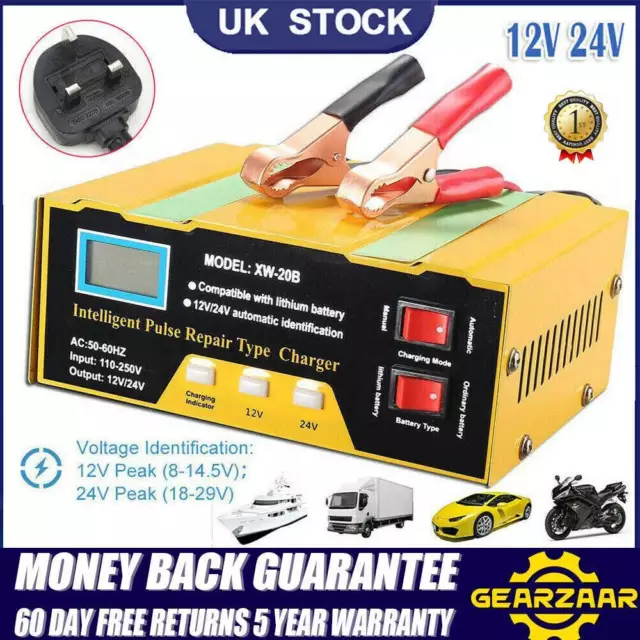 Car Battery Charger Heavy Duty LCD 12V & 24V Trickle / Fast, Vehicle HGV Lorry