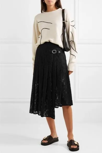 Maje Womens Size 34 US 2 Black Jalilo Paisley Midi Lace Skirt Asymmetric Buckle