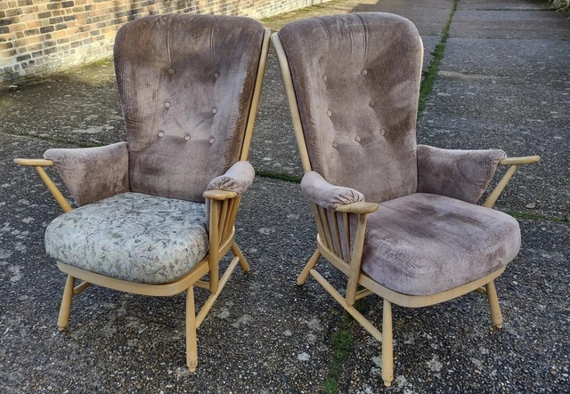 PAIR of ERCOL ARMCHAIRS - Blonde Light Wood Furniture Chair Retro Mid Century