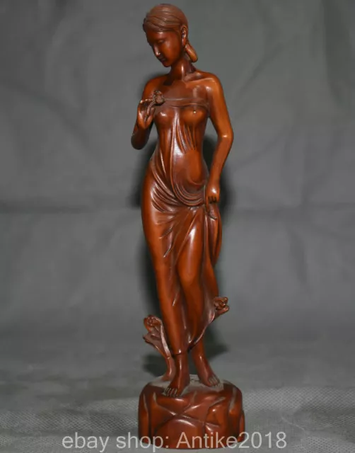 8" H Old Chinese Boxwood Wood Carving Stand Beautiful Woman Belle beauty Statue