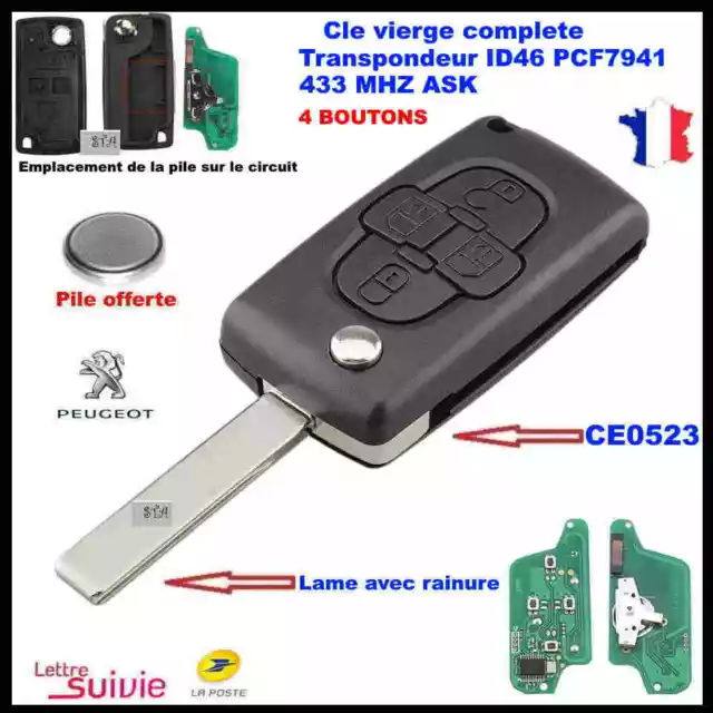 Cle Vierge Ce0523 Circuit Peugeot 807/1007  Citroën  4Bouton Ask 433Mhz Avec Rai