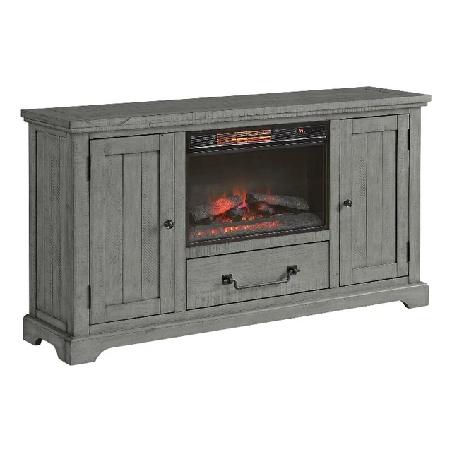 Beach House Solid Wood Dove Gray TV Stand with Electric Fireplace Beach House Solid Wood Dove Gray TV Stand with Electric Fireplace