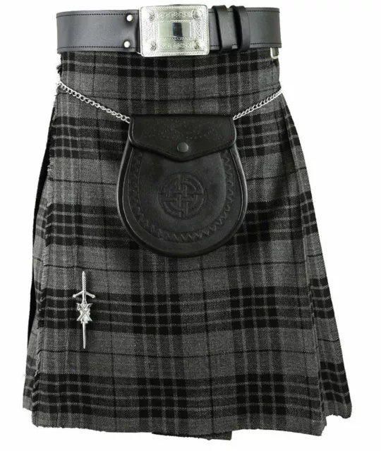 Schottische Herren grau Kilt 16 Unzen, Highland Rock Kleid 8 Yard Tartan Kilts