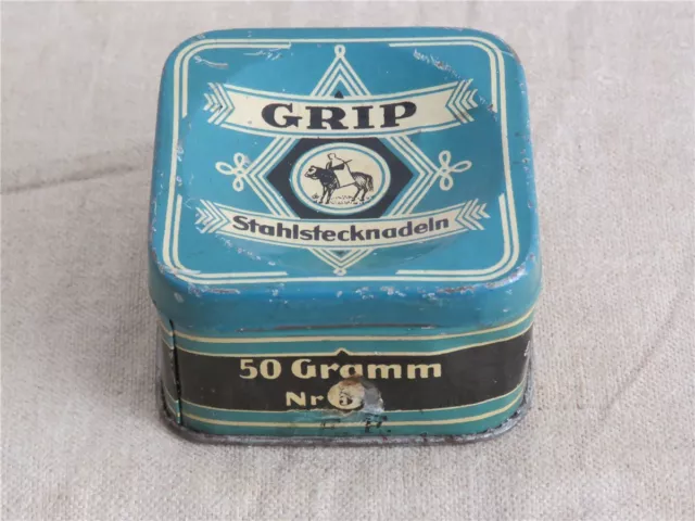 Alte Blechdose GRIP Stahlstecknadeln 50 Gramm Nr. 5 LEER Stecknadeldose