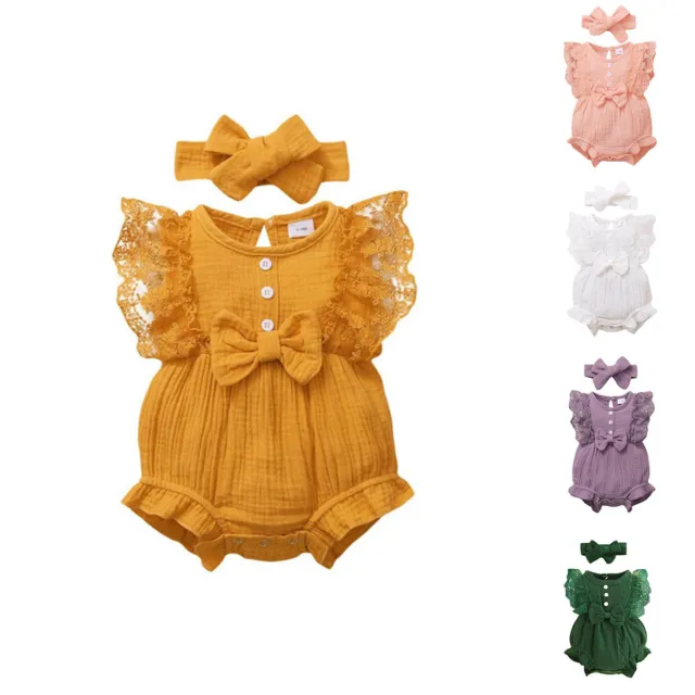 Newborn Baby Girl Clothes Ruffle Romper Jumpsuit Tops Pants Headband Set Outfits
