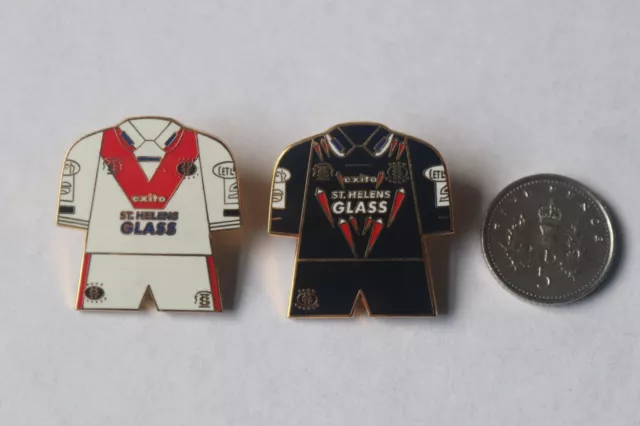 Two St Helens Rugby League Club enamel pin badges 2001 Shirt Shorts Home Away