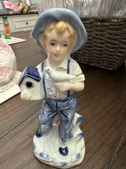 Vintage Figurine Boy with Dove & Bird House Hand Painted Ceramic Blue & White