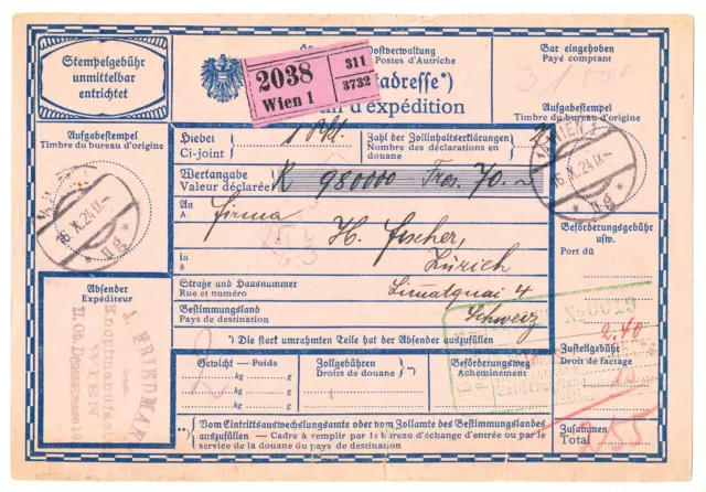 Austria Oesterreich Parcel Card # 282 "1/1 Wien 1" To Switzerland (1924)