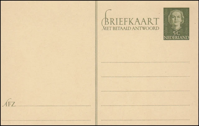 Postkarte P 251 Königin Juliane Doppelkarte 5 Cent, ungebraucht ** / MNH