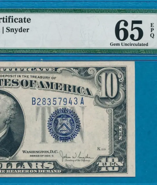$10.1934-C  Blue Seal Silver Certificate Pmg Gem New 65Epq